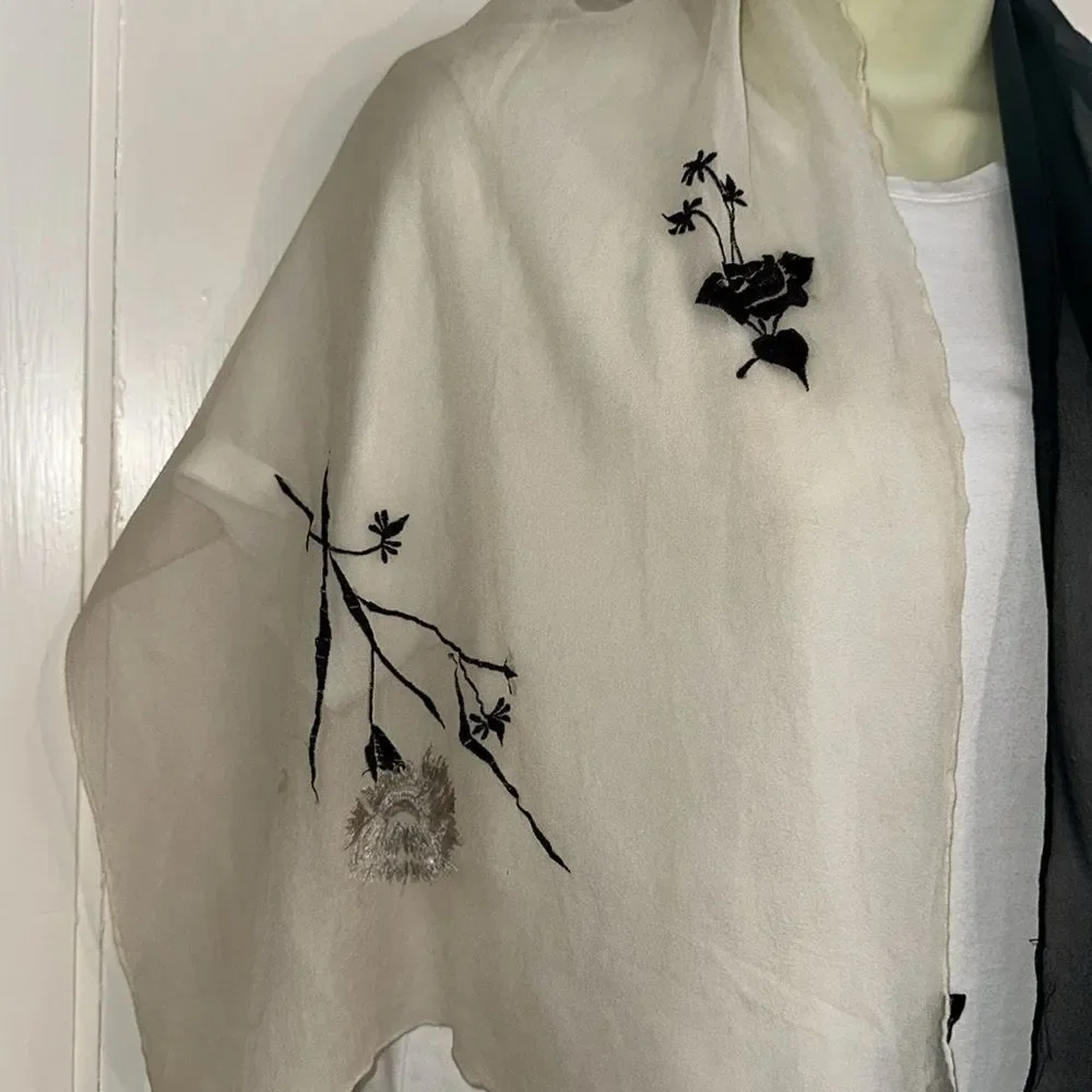 Vintage 60s Ben Goodman black & white‎ silk scarf with embroidered flowers